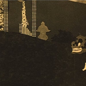 May include: A black and gold illustration of a Japanese-style scene with a stylized figure, a building, and a creature with a mask. The illustration is on a dark background.