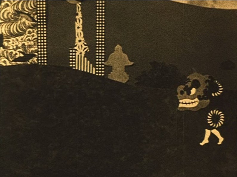 May include: A black and gold illustration of a Japanese-style scene with a stylized figure, a building, and a creature with a mask. The illustration is on a dark background.