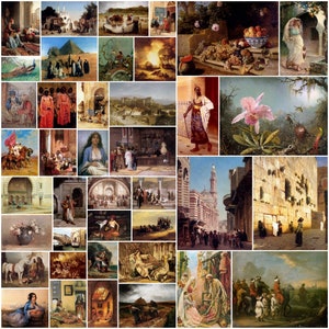 Può includere: Un collage di vari dipinti che raffigurano scene di diverse culture ed epoche. I dipinti includono paesaggi, ritratti e nature morte. Alcuni dei dipinti presentano persone in abiti tradizionali, mentre altri ritraggono scene della vita quotidiana.