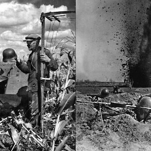 May include: A black and white photo of a soldier holding a helmet in a field. The soldier is standing next to a tank. In the background, a large explosion is occurring.