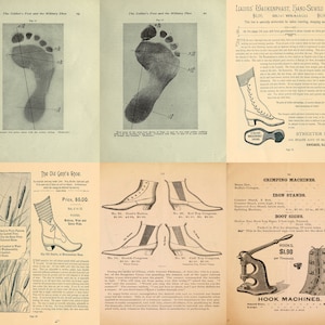 May include: A vintage advertisement for shoes and shoemaking supplies. The ad features illustrations of different shoe styles, including a "Ladies' Waukenphast, Hand-Sewed Button" boot, a "The Old Gent's Shoe", and a "Kid Top Congress" boot. The ad also includes a section on "Crimping Machines" and "Iron Stands" for shoemaking.