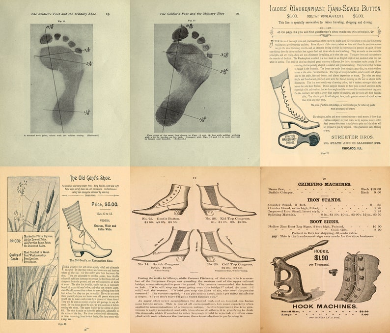 May include: A vintage advertisement for shoes and shoemaking supplies. The ad features illustrations of different shoe styles, including a "Ladies' Waukenphast, Hand-Sewed Button" boot, a "The Old Gent's Shoe", and a "Kid Top Congress" boot. The ad also includes a section on "Crimping Machines" and "Iron Stands" for shoemaking.