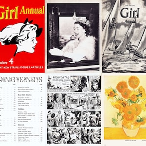 6 Issues of The Girl annual. 1953 to 1959. Girls stories, famous women, arts & crafts, galleries, adventures, articles, horse riding. PDFs