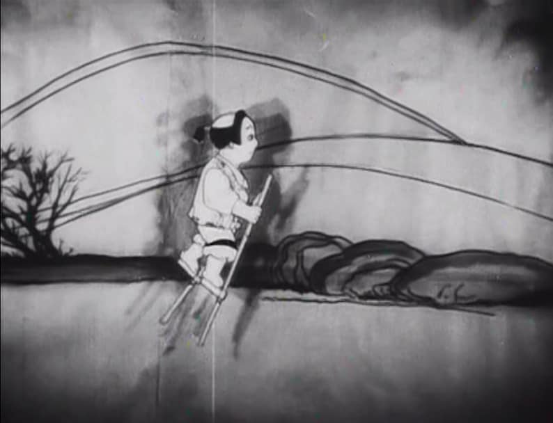 May include: A black and white illustration of a person on stilts walking across a landscape. The person is wearing a long coat and has a long, flowing ponytail. The landscape is drawn in a simple style with a few trees and a curved line representing a hill.