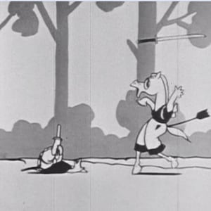 May include: A black and white cartoon illustration of a horse-like creature running away from a turtle-like creature holding a sword. The horse-like creature has an arrow sticking out of its back.