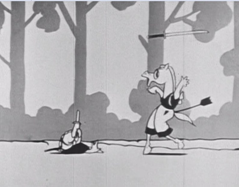 May include: A black and white cartoon illustration of a horse-like creature running away from a turtle-like creature holding a sword. The horse-like creature has an arrow sticking out of its back.