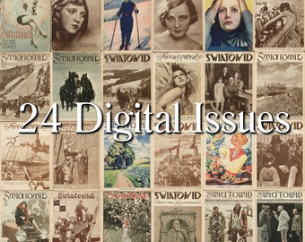 Revistas polacas vintage de los años 30 de Światowid, 24 números digitales, más de 440 páginas, números 1 a 24, archivos PDF. Patrimonio cultural y literario polaco