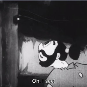 May include: A black and white cartoon image of a man with a beard and a ponytail looking up at a light bulb. The text "Oh. I see!" is below the image.