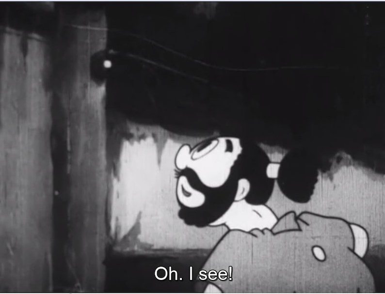 May include: A black and white cartoon image of a man with a beard and a ponytail looking up at a light bulb. The text "Oh. I see!" is below the image.