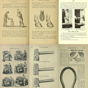 Op de afbeelding: Een vintage boekpagina met illustraties en tekst over smeden, inclusief een sectie over het maken van een ring, het nivelleren van paardenhoeven en het gebruik van een paardenhoeven-niveau.