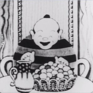 May include: A black and white cartoon illustration of a person sitting in a chair with a pitcher and a bowl of fruit in front of them.