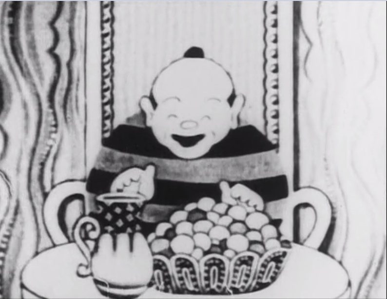 May include: A black and white cartoon illustration of a person sitting in a chair with a pitcher and a bowl of fruit in front of them.