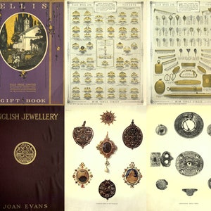 May include: A vintage book cover with the title "Ellis Gift Book" and a picture of a building with a garden. The book is about English jewelry. The cover is purple with gold lettering. The book is open to a page with a picture of a variety of jewelry.