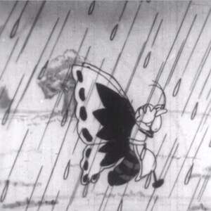 May include: A black and white cartoon illustration of a butterfly with a human-like face and body, flying in the rain.