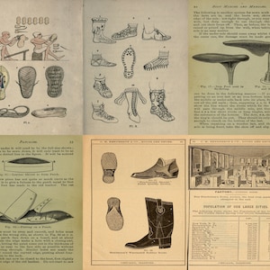 May include: A vintage illustration of different shoemaking techniques, including a close-up of a shoe last, a diagram of a shoe patch, and a table listing the population of major cities in the United States.