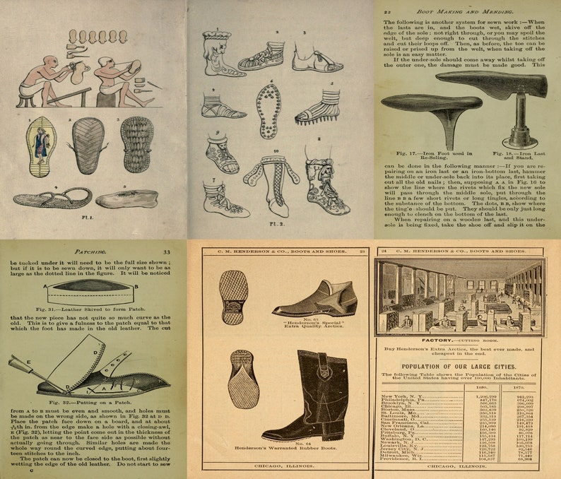 May include: A vintage illustration of different shoemaking techniques, including a close-up of a shoe last, a diagram of a shoe patch, and a table listing the population of major cities in the United States.