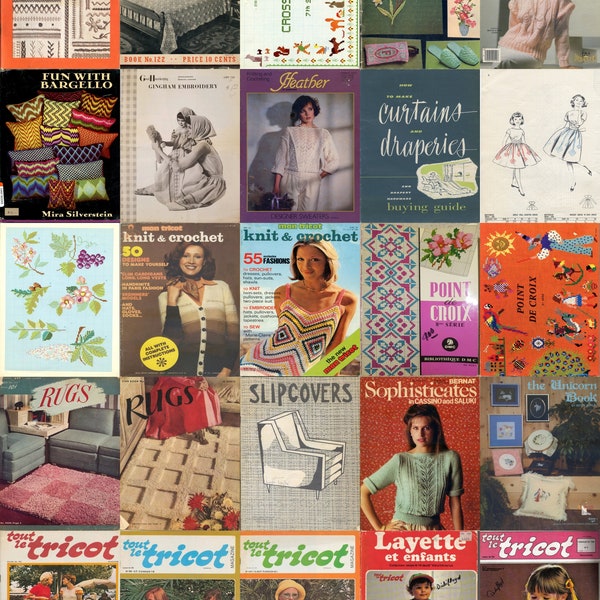 50 x revues artisanales vintage, crochet, tricot, afghan, couture, broderie, patrons, mode française, années 60, 70, PDF numériques