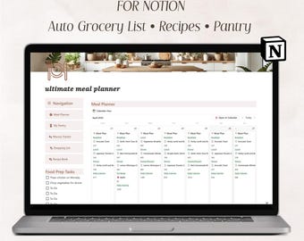Plantilla de planificador de comidas de Notion / Plan de comidas semanal, recetas, lista de compras con información nutricional y control de la despensa