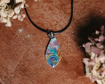 Colorful Paisley Necklace, Bohemian Style, Blue, Green, Purple, Gold & White Polymer Clay Pendant Necklace.