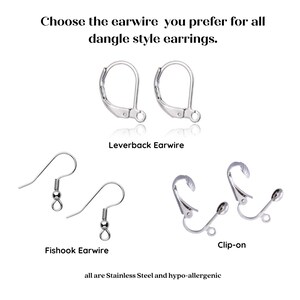 May include: Three different types of earring wires: leverback, fishhook, and clip-on.  Choose the earwire you prefer for all dangle style earrings. All are stainless steel and hypoallergenic.