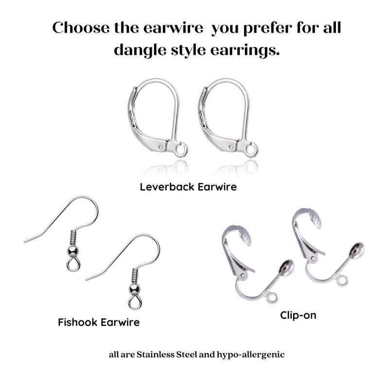 May include: Three different types of earring wires: leverback, fishhook, and clip-on.  Choose the earwire you prefer for all dangle style earrings. All are stainless steel and hypoallergenic.