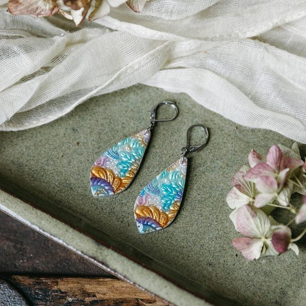 Colorful Paisley Earrings, Bohemian Style Earrings, Blue, Green, Purple, Gold & White Polymer Clay Earrings