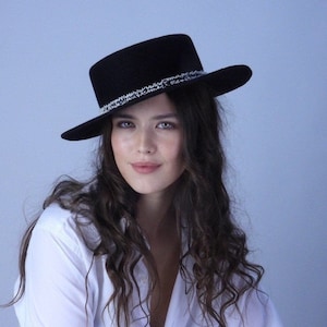 Black Boater Hat - Felt Boater hat - Felt Hat - Ridding Hat - Western Hat - Black Wool Hat