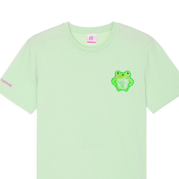 Bio-Baumwolle Mighty Albert The Frog Muskulös gesticktes Tshirt Pastell Rosa Weiche Ästhetische Cottagecore Froggie Niedliche Entzückende Momokakkoii