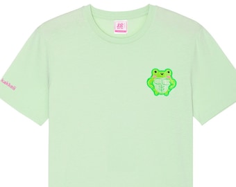 Organic Cotton Mighty Albert The Frog Muscular Embroidered Tshirt Pastel Pink Soft Aesthetic Cottagecore Froggie Cute Adorable Momokakkoii