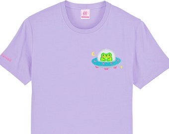 Organic cotton Space Albert T-shirt - Embroidered in the UK, Lavender cute kawaii cottagecore froggy soft aesthetic by Momokakkoii