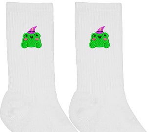 Wizard Albert Embroidered Socks Black Winter Autumn Adorable Cottagecore Frog Froggy Phrog by Momokakkoii