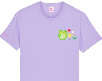 Organic cotton Albert The Gardener T-Shirt - Embroidered in the UK, Lavender cute kawaii cottagecore froggy soft aesthetic by Momokakkoii