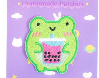 Kawaii Boba Froggy Embroidered Patch Phrog Cute Frog Bubble Tea Cottagecore Mori Girl Pastel Fashion Iron On Sew On by Momokakkoii