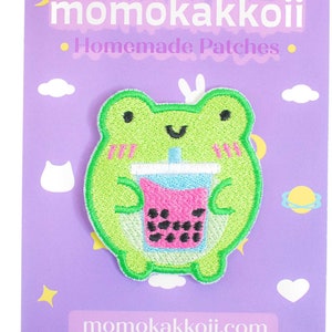 Kawaii Boba Froggy Embroidered Patch Phrog Cute Frog Bubble Tea Cottagecore Mori Girl Pastel Fashion Iron On Sew On by Momokakkoii