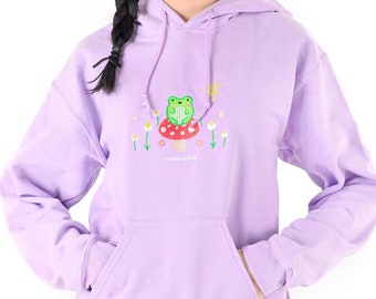 Froggy & Nature Embroidered Lavender Hoodie Kawaii Froggo Phrog Froggie Froggy Cottagecore Aesthetic Mushroom Flower by Momokakkoii