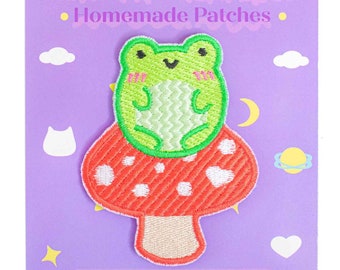 Cute Froggy Mushroom Embroidered Patch Phrog Kawaii Frog Cottagecore Mori Girl Pastel Fashion Iron On Sew On by Momokakkoii
