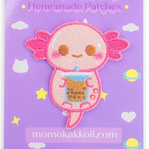 Boba Xoxi The Axolotl Embroidered Patch Bubble Tea Pastel Soft Aesthetic Iron On Sew On Kawaii Alternative Fashion by Momokakkoii