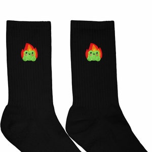Albert The Frog In Flames Embroidered Socks Black Winter Autumn Adorable Cottagecore Fire Frog Froggy Phrog by Momokakkoii