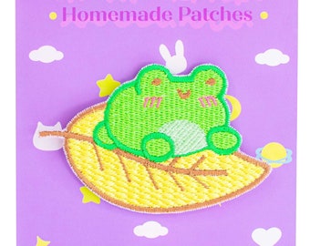 Albert The Frog Autumn Leaf Embroidered Patch Cute Adorable Froggie Froggy Phrog Fall Cottagecore Aesthetic Iron On Sew On by Momokakkoii