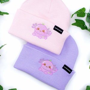 Adorable Xoxi the Lavender Axolotl Embroidered Beanie Cute Hat Pink Pastel Soft Aesthetic Cottagecore Alternative Fashion by Momokakkoii