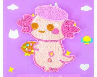 Xoxi The Artist Axolotl Embroidered Patch Iron On Sew On Adorable Cottagecore Funny Soft Alternative Aesthetic Salamander by Momokakkoii