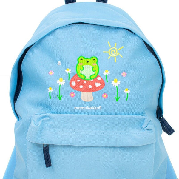 Frog and Nature Embroidered Sky Blue Backpack Mushroom Froggy Flowers Cottagecore Adorable Kawaii Pastel Aesthetic School Bag by Momokakkoii