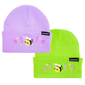 May include: Two knit beanies with a bee and flower embroidery design. The beanie on the left is lavender and the beanie on the right is lime green. Both beanies have the text "momokakkoi" embroidered on the side.