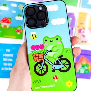 Albert&#39;s Flower Ride Frog-telefoonhoesje – schattig plastic hoesje voor iPhone | Kawaii kikker op fiets | Spring Frog Vibes