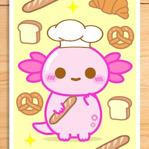 Impresión artística de ajolote Baker Xoxi (10 x 15 cm), adorable postal de ajolotes para pared, horneando pan, chef, cocinero, kawaii, estilo cottagecore, de Momokakkoii.