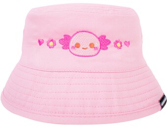 KIDS Adorable Xoxi The Axolotl Embroidered Bucket Hat Organic Cotton Cute Sun Hat Pastel Pink by Momokakkoii