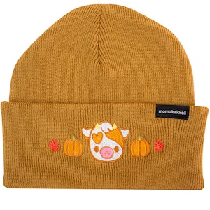 Cute Pumpkin Cow Halloween Autumn Fall Embroidered Beanie Winter Hat Unisex by Momokakkoii