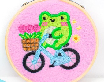 Embroidered Frog Hoop Art: Albert's Flower Ride, Kawaii Decor
