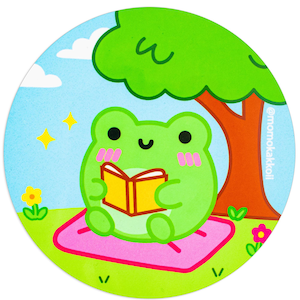 Book Albert Coaster – Cute Frog Drink Coaster | Kawaii Cottagecore Desk Decor | Non-Slip Cork Base | 10cm Round