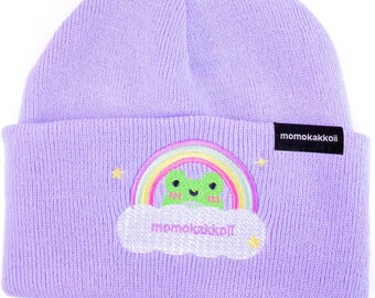Pastel Rainbow Froggy Embroidered Beanie Cute Hat Kawaii Clouds Mori Girl Fairy Kei Frog Phrog Froggie Aesthetic Lilac by Momokakkoii